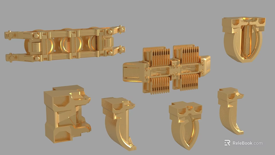 3D Rendered Golden Metal Mechanical Parts Industrial Components Various Shapes 3d model 