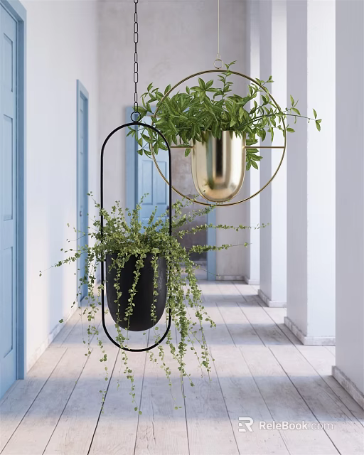 Hanging Green Potted Plants With Black And Gold Planters In Corridor With Blue Doors 3d model 