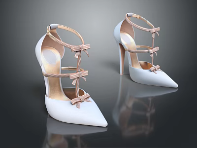 White Strappy High Heels With Bow Accents And Pointed Toe Design 3d model