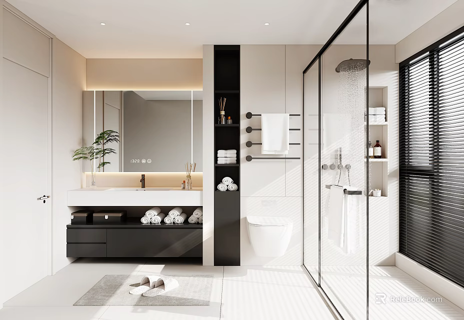 Modern Minimalist Bathroom Interior With Sleek Black And White Fixtures And Glass Shower Enclosure 3d model 