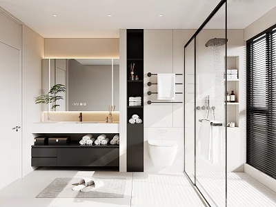 Modern Minimalist Bathroom Interior With Sleek Black And White Fixtures And Glass Shower Enclosure 3d model