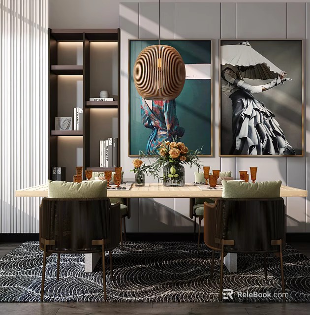 Modern Dining Table Set with Green Cushioned Chairs Decorative Paintings Round Chandelier Vase and Flowers 3d model 