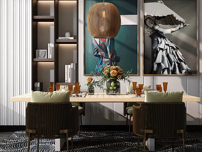 Modern Dining Table Set with Green Cushioned Chairs Decorative Paintings Round Chandelier Vase and Flowers 3d model