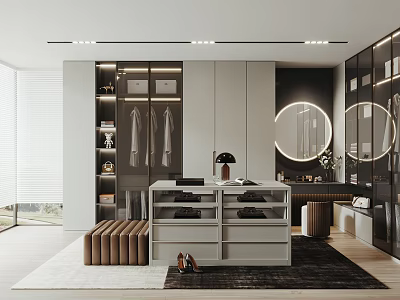 Modern Walk In Closet Interior Design With Cabinets Round Mirror Hanging Area And Lighting 3d model