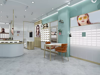Bright Modern Eyewear Store Interior With Display Shelves Counter And Posters 3d model