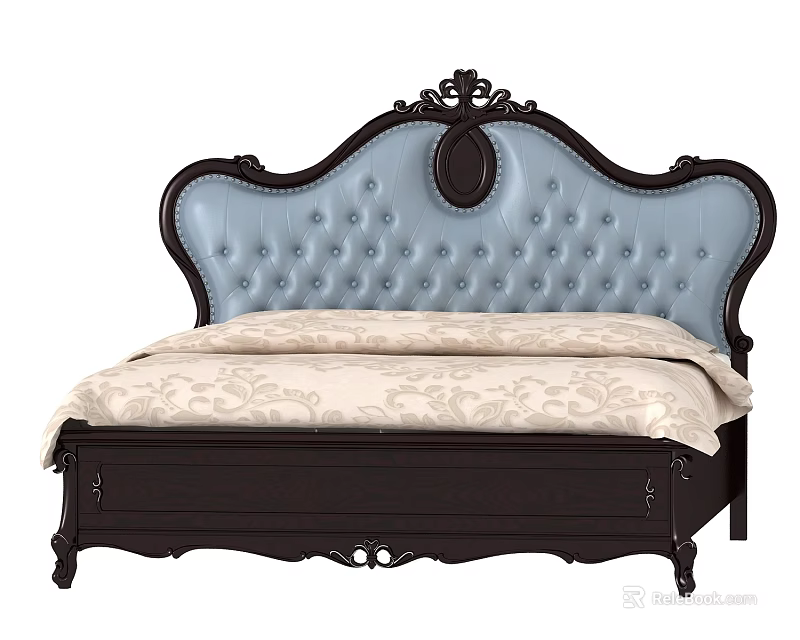 Double Bed With Blue Tufted Ornate Carved Headboard Dark Wooden Frame And Floral Bedspread 3d model 