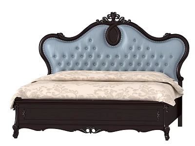 Double Bed With Blue Tufted Ornate Carved Headboard Dark Wooden Frame And Floral Bedspread 3d model