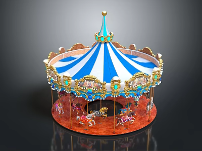 Ornate Carousel With Blue White Striped Canopy Golden Decorations And Colorful Horses 3d model
