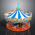 Ornate Carousel With Blue White Striped Canopy Golden Decorations And Colorful Horses