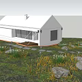 Scenic White Guesthouse Building on Hillside with Large Glass Windows and Grass Paths