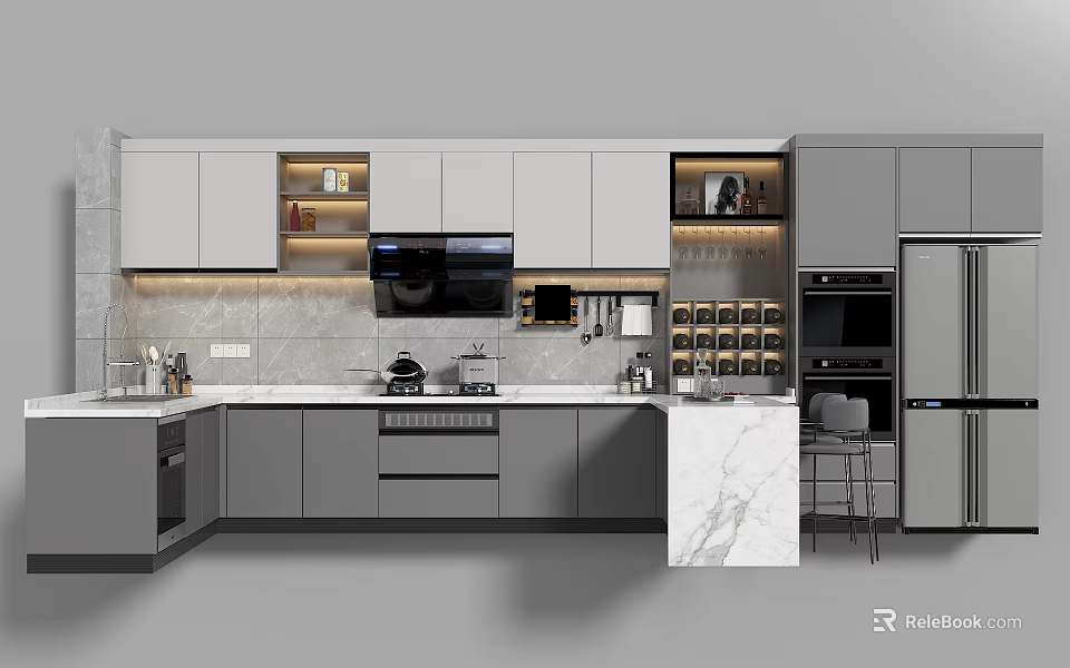 Modern Gray Kitchen Interior With Sleek Cabinets Appliances And Marble Countertop 3d model 
