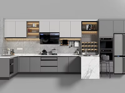 Modern Gray Kitchen Interior With Sleek Cabinets Appliances And Marble Countertop 3d model