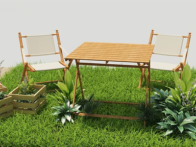 Outdoor Wooden Table With Two Chairs And White Cushions On Green Grass With Plants 3d model