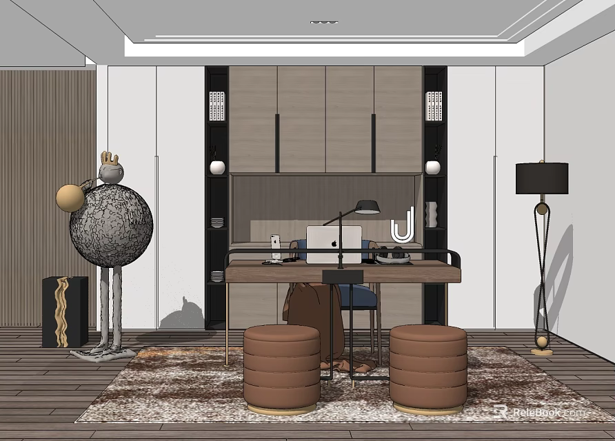 Modern Desk Interior Design With Table Lamp Chair Cabinets And Decorative Rug 3d model 