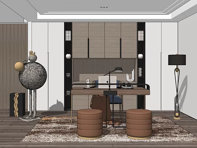Modern Desk Interior Design With Table Lamp Chair Cabinets And Decorative Rug 3d model