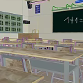 Educational Classroom Furniture Set Including Wooden Desks Metal Chairs And Blackboard
