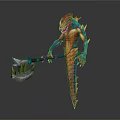 Red and Blue Game Movie Character With Dragon Head Scaly Body Holding Axe Standing