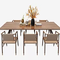 Modern Rectangular Wooden Dining Table Set with Six Woven Back Chairs and Decorative Vase 3d model