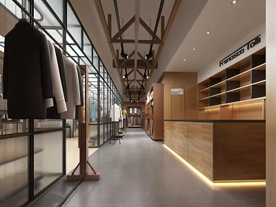 Modern Clothing Store Interior With Clothing Racks Coats And Wooden Retail Space 3d model