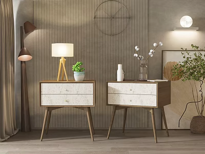 Modern Wooden Bedside Tables with Drawers Table Lamp and Potted Plant on Decorative Wall Background 3d model
