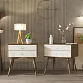 Modern Wooden Bedside Tables with Drawers Table Lamp and Potted Plant on Decorative Wall Background