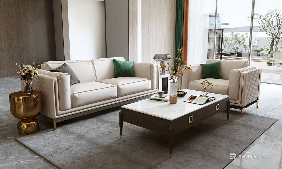 Modern Living Room Sofa Coffee Table Combination With Green Cushions And Decorative Items 3d model 