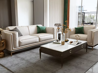 Modern Living Room Sofa Coffee Table Combination With Green Cushions And Decorative Items 3d model