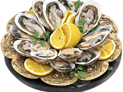 Fresh Oysters Served on Golden Patterned Plate with Lemon Slices and Parsley 3d model