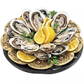 Fresh Oysters Served on Golden Patterned Plate with Lemon Slices and Parsley