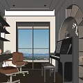 Modern Piano Room Interior With Piano Bench Desk And Large Window
