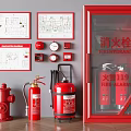 Double Door Red Fire Safety Cabinet With Extinguishers And Exit Diagrams
