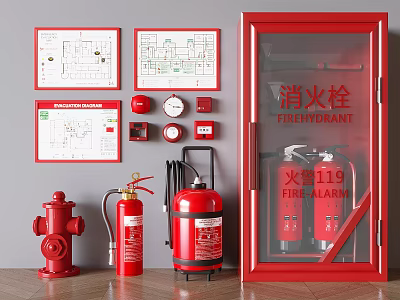 Double Door Red Fire Safety Cabinet With Extinguishers And Exit Diagrams 3d model