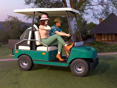 Two People Riding Green Golf Cart In Outdoor Scenery 3d model