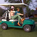 Two People Riding Green Golf Cart In Outdoor Scenery