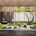 Indoor Landscape Design With Wooden Wall Grid Screen Green Plants Stones And Small Ornaments
