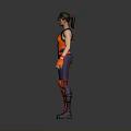 3D Rendered Female Gaming Character In Red Purple Outfit With Wrist Guards And Knee Pads
