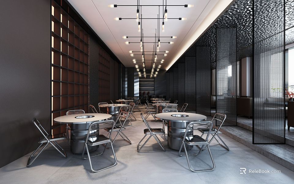 Modern Hot Pot Restaurant Interior With Round Tables Metal Chairs Perforated Walls And Pendant Lights 3d model 