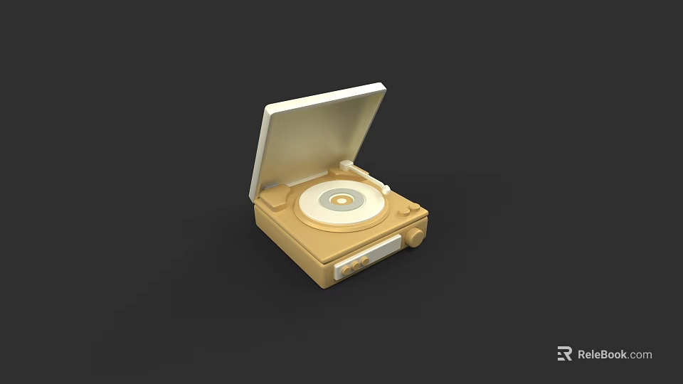 Golden Turntable With Open Lid And Vinyl Record On Black Background 3d model 