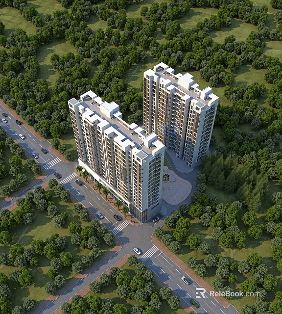 High Rise Residential Building Surrounded By Green Trees And Near Road With Vehicles 3d model 