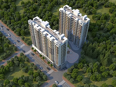High Rise Residential Building Surrounded By Green Trees And Near Road With Vehicles 3d model
