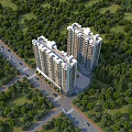High Rise Residential Building Surrounded By Green Trees And Near Road With Vehicles