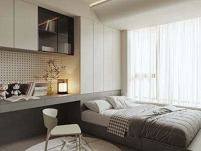 Tatami Bedroom Interior With White Wardrobes Desk Chair White Curtains Gray Quilt And Plaid Blanket 3d model