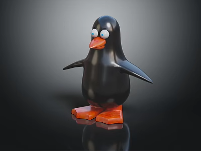 Penguin Toy Figure With Black Body Orange Feet And White Eyes Standing On Reflective Surface 3d model