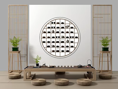 Traditional Chinese Tea Table and Chairs with Bamboo Screens and Circular Lattice Wall Decor 3d model