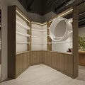 Modern Wooden Display Shelves With Open Storage And LED Lighting In Showroom Space