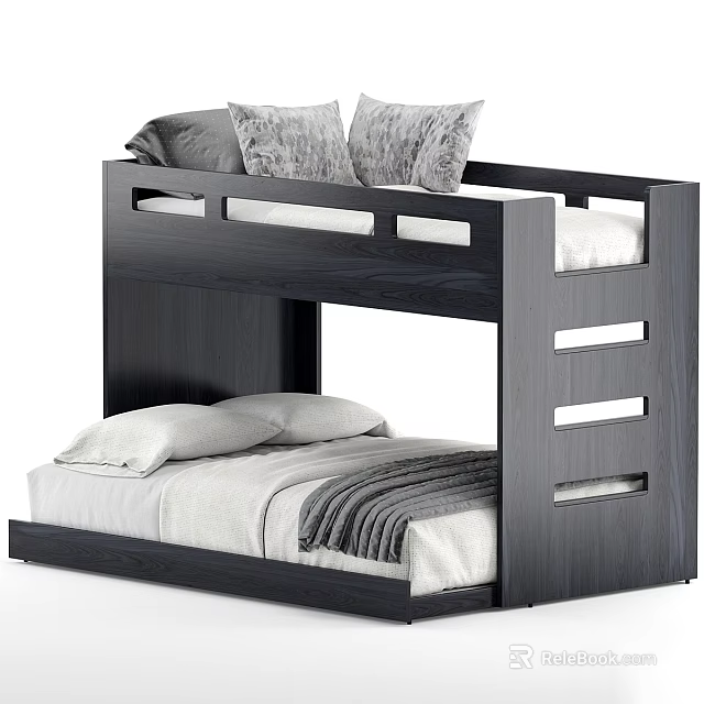 Dark Wood Bunk Bed With Upper Gray Pillows And Lower White Blanket Frame Design 3d model 