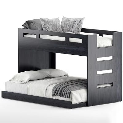 Dark Wood Bunk Bed With Upper Gray Pillows And Lower White Blanket Frame Design 3d model