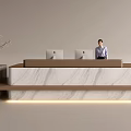 Modern Marble Reception Desk with Two Computers Receptionist in White Shirt and Decorative Vase