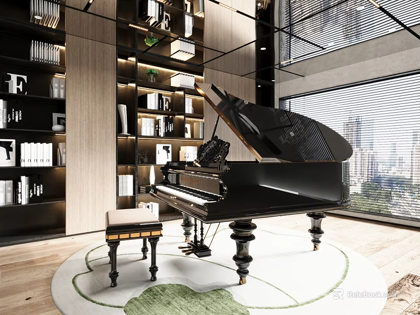 Modern Piano Room With Grand Piano Stool And City View 3d model 