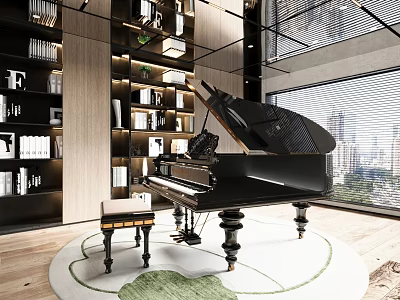 Modern Piano Room With Grand Piano Stool And City View 3d model